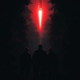 A group of soldiers standing with their backs to the viewer in a dark, dense forest