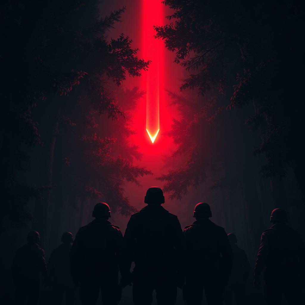 A group of soldiers standing with their backs to the viewer in a dark, dense forest