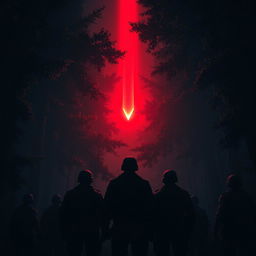 A group of soldiers standing with their backs to the viewer in a dark, dense forest