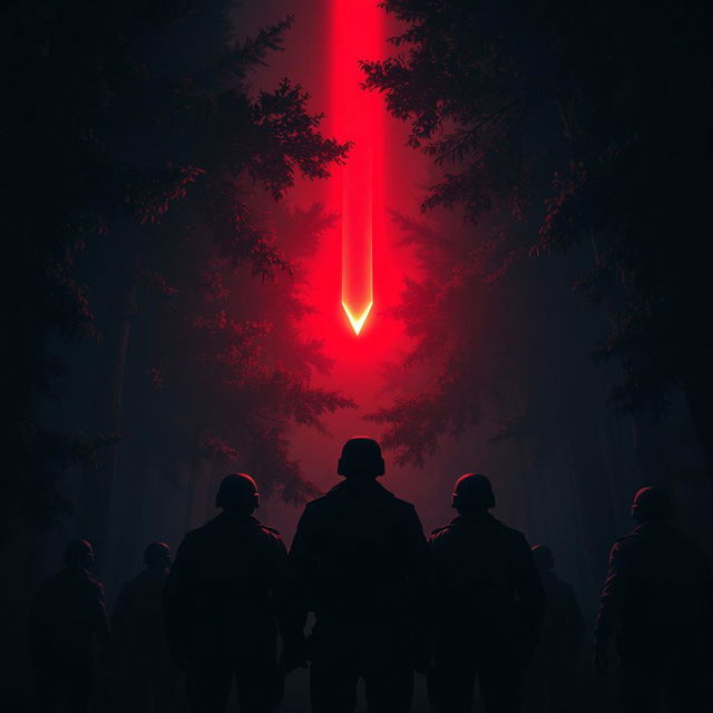 A group of soldiers standing with their backs to the viewer in a dark, dense forest