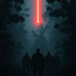 A group of soldiers standing with their backs to the viewer in a dark, dense forest