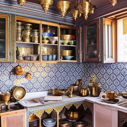 Kitchen interior showcasing Yazd traditional design, complete with ornate cabinetry, tiled backsplash reflecting typical Persian motifs, a central hearth, and brass utensils hung on walls.