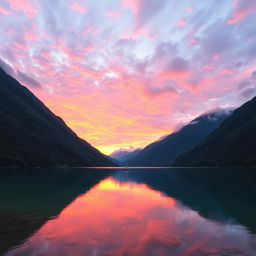 A serene landscape featuring a clear lake surrounded by lush green mountains, reflecting a vibrant sunset