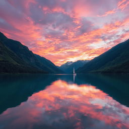 A serene landscape featuring a clear lake surrounded by lush green mountains, reflecting a vibrant sunset