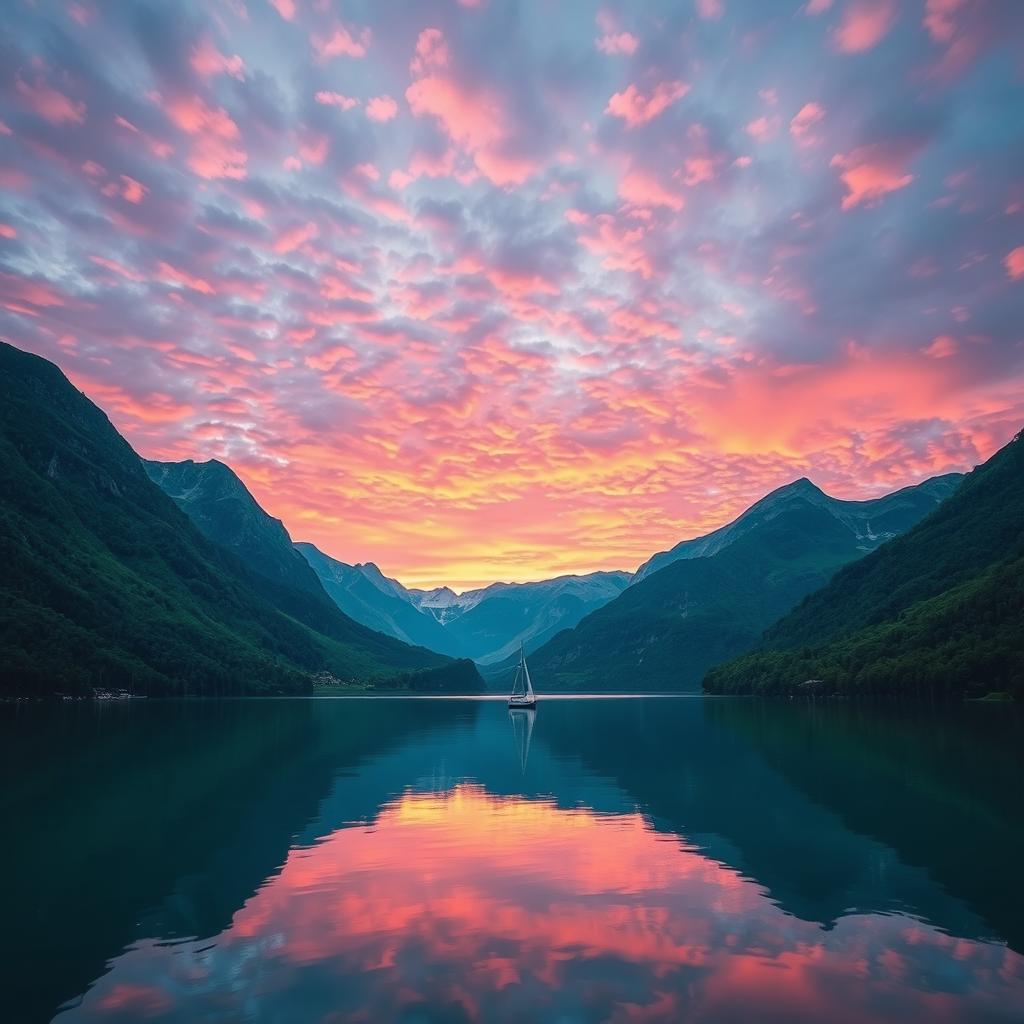 A serene landscape featuring a clear lake surrounded by lush green mountains, reflecting a vibrant sunset