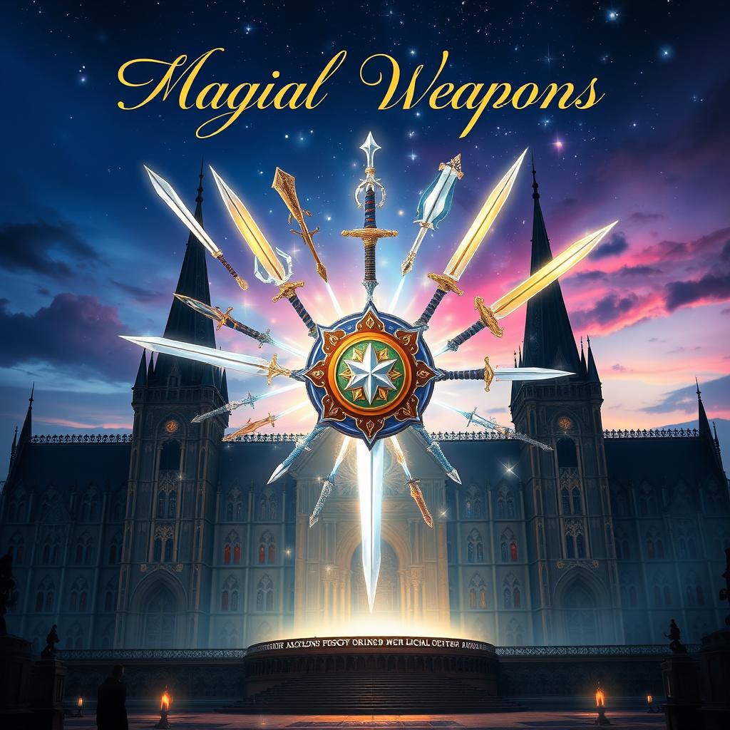 A captivating cover for a fantasy book featuring an academy of magical weapons that are born from a mystical amulet