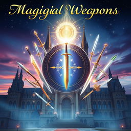 A captivating cover for a fantasy book featuring an academy of magical weapons that are born from a mystical amulet