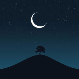 Create a minimalist poster design featuring a lone tree on a hill under a starry night sky with a large crescent moon