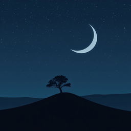 Create a minimalist poster design featuring a lone tree on a hill under a starry night sky with a large crescent moon