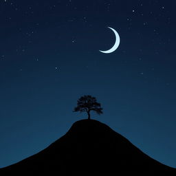 Create a minimalist poster design featuring a lone tree on a hill under a starry night sky with a large crescent moon