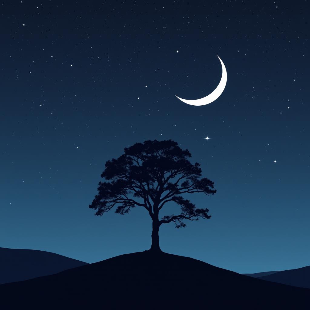 Create a minimalist poster design featuring a lone tree on a hill under a starry night sky with a large crescent moon