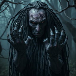 A very old night hag with deep purple skin, her long black dreadlocks tangled and dirty, cascading down her shoulders