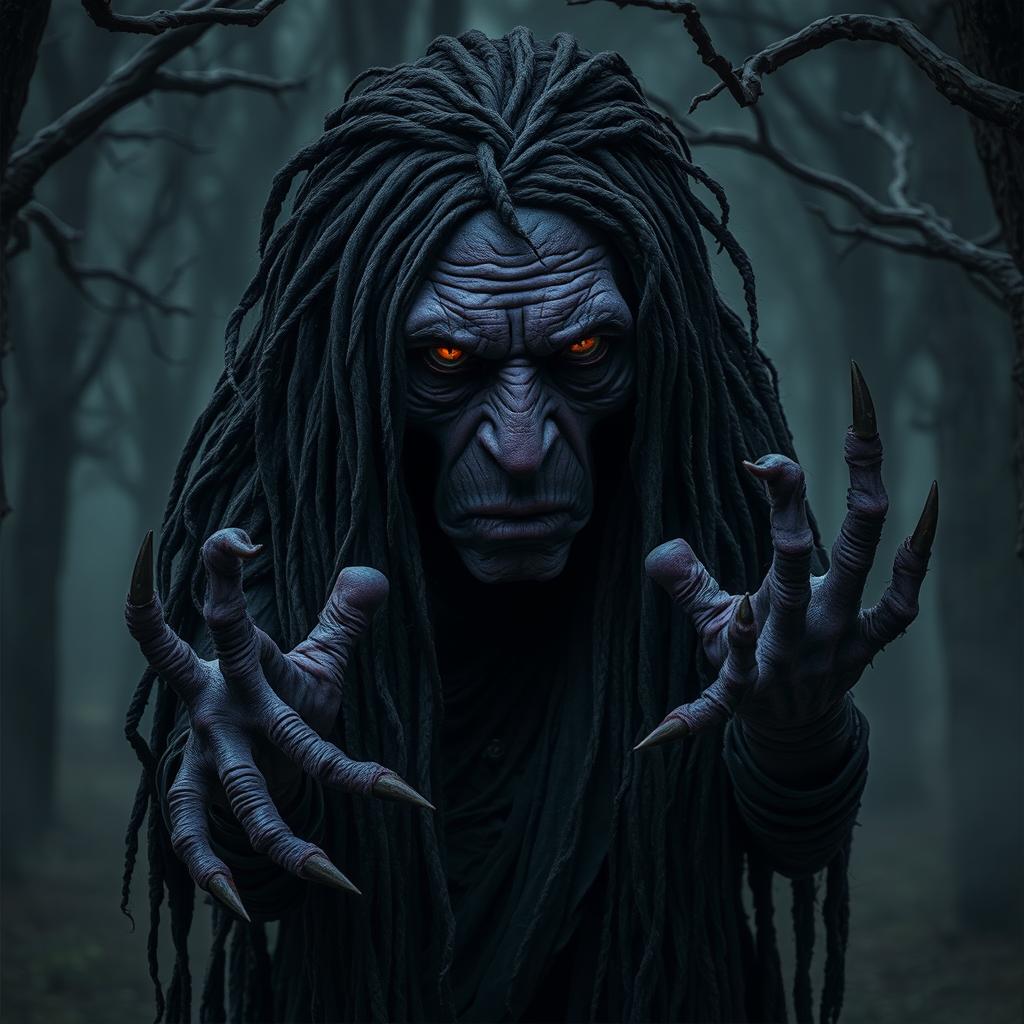 A very old night hag with deep purple skin, her long black dreadlocks tangled and dirty, cascading down her shoulders