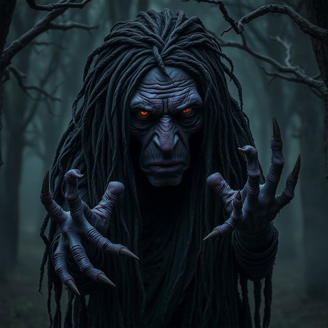 A very old night hag with deep purple skin, her long black dreadlocks tangled and dirty, cascading down her shoulders