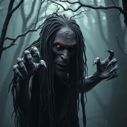 A very old night hag with deep purple skin, her long black dreadlocks tangled and dirty, cascading down her shoulders