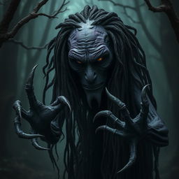 A very old night hag with deep purple skin, her long black dreadlocks tangled and dirty, cascading down her shoulders