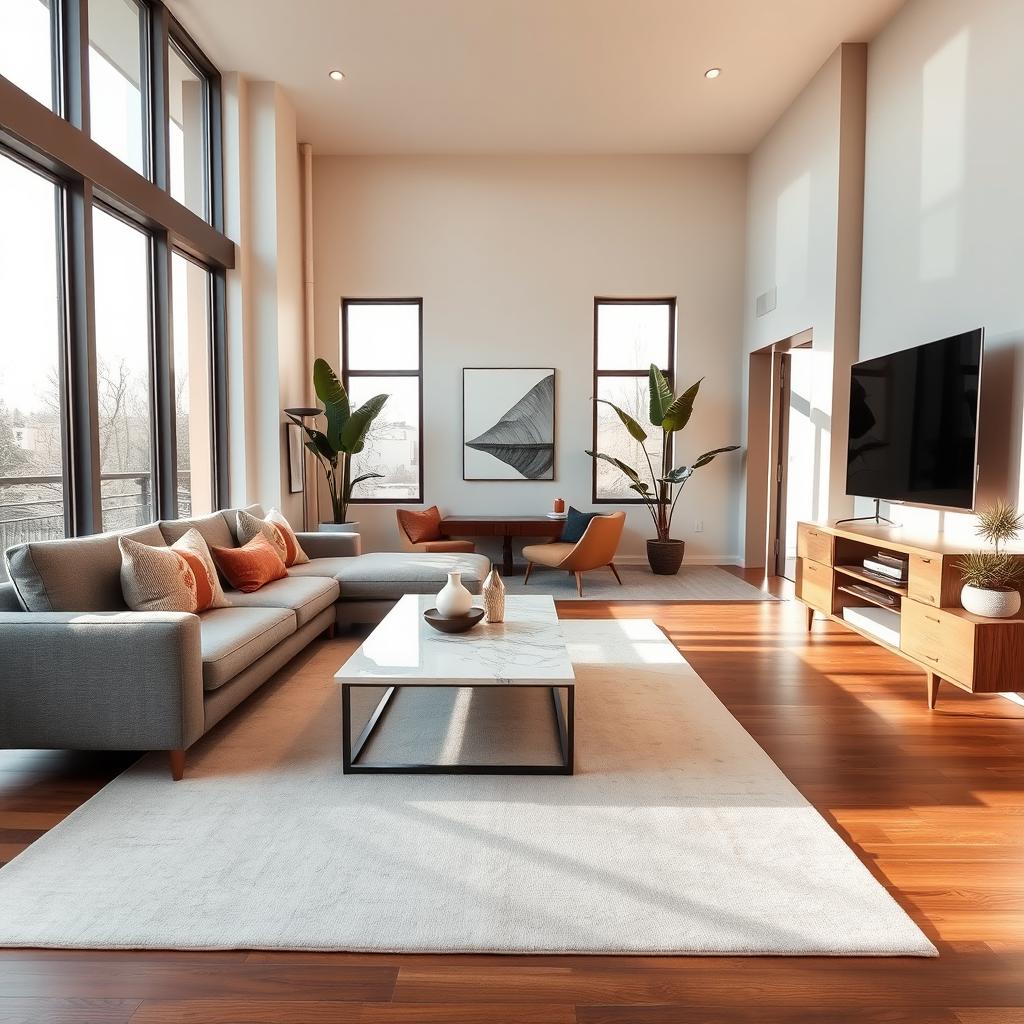 A beautifully redesigned modern living room, featuring a comfortable gray sectional sofa, an elegant coffee table with a marble top, and a large, stylish area rug