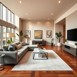 A beautifully redesigned modern living room, featuring a comfortable gray sectional sofa, an elegant coffee table with a marble top, and a large, stylish area rug