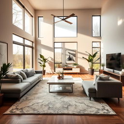 A beautifully redesigned modern living room, featuring a comfortable gray sectional sofa, an elegant coffee table with a marble top, and a large, stylish area rug