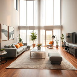 A beautifully redesigned modern living room, featuring a comfortable gray sectional sofa, an elegant coffee table with a marble top, and a large, stylish area rug