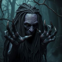 A very old female night hag with deep purple skin, her long black dreadlocks tangled and dirty, cascading down her shoulders