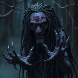 A very old female night hag with deep purple skin, her long black dreadlocks tangled and dirty, cascading down her shoulders