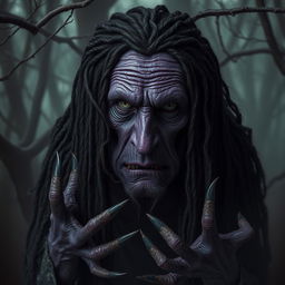 A very old female night hag with deep purple skin, her long black dreadlocks tangled and dirty, cascading down her shoulders