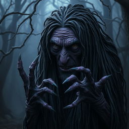 A very old female night hag with deep purple skin, her long black dreadlocks tangled and dirty, cascading down her shoulders