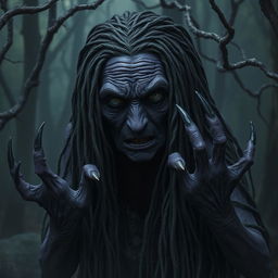 An old female night hag with deep purple skin, her long black dreadlocks tangled and dirty, cascading down her shoulders