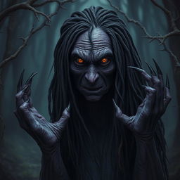 An old female night hag with deep purple skin, her long black dreadlocks tangled and dirty, cascading down her shoulders