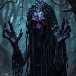 An old female night hag with deep purple skin, her long black dreadlocks tangled and dirty, cascading down her shoulders