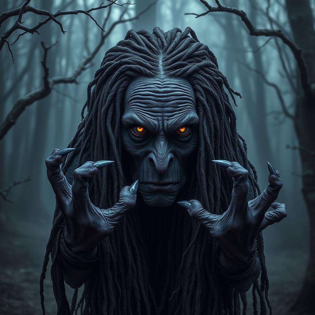 An old female night hag with deep purple skin, her long black dreadlocks tangled and dirty, cascading down her shoulders