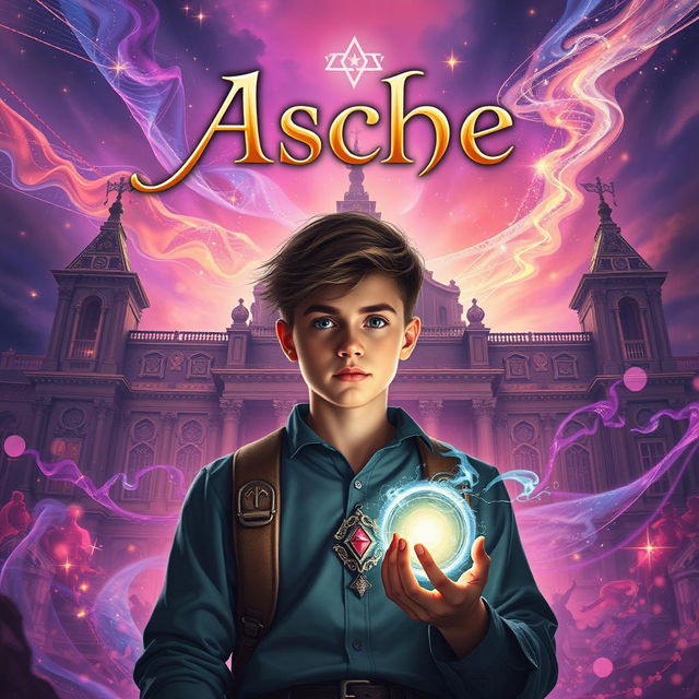 A captivating cover for a fantasy book centered on Asche, a young man discovering his magic