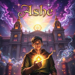 A captivating cover for a fantasy book centered on Asche, a young man discovering his magic