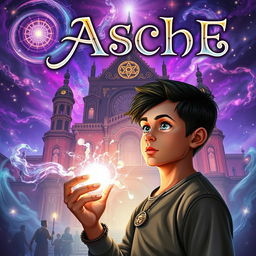 A captivating cover for a fantasy book centered on Asche, a young man discovering his magic