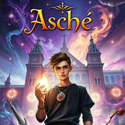 A captivating cover for a fantasy book centered on Asche, a young man discovering his magic