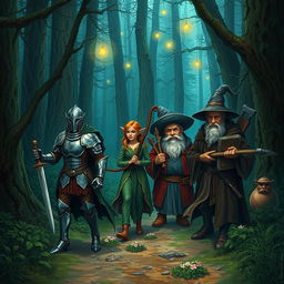 A fantasy medieval scene depicting a group of travelers in a dense forest