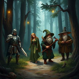 A fantasy medieval scene depicting a group of travelers in a dense forest