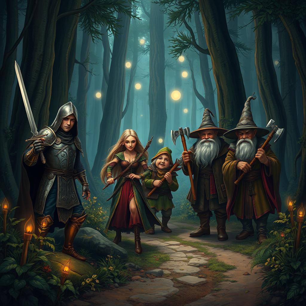 A fantasy medieval scene depicting a group of travelers in a dense forest