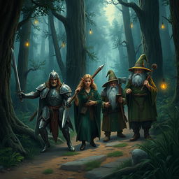 A fantasy medieval scene depicting a group of travelers in a dense forest