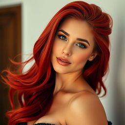 A strikingly beautiful woman with flowing red hair and voluptuous curves, emphasizing her big boobs