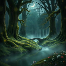 A serene and enchanting view of a mystical forest at twilight