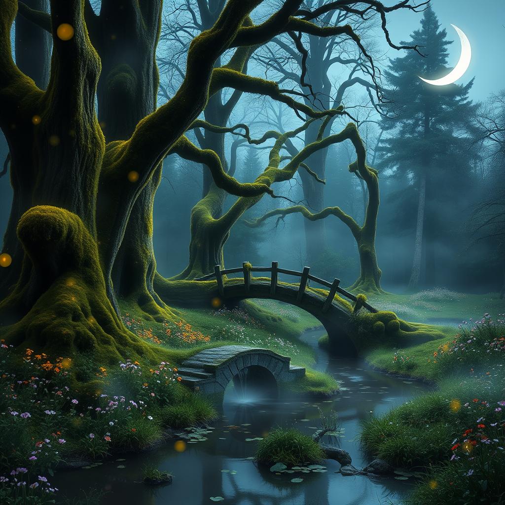 A serene and enchanting view of a mystical forest at twilight