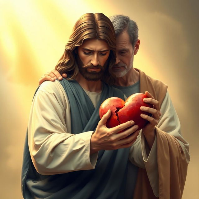 Jesus Christ tenderly holding a broken heart in his hands, with a gentle and compassionate expression