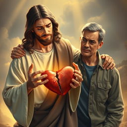 Jesus Christ tenderly holding a broken heart in his hands, with a gentle and compassionate expression