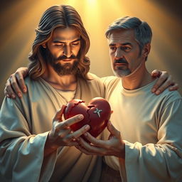 Jesus Christ tenderly holding a broken heart in his hands, with a gentle and compassionate expression