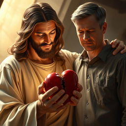 Jesus Christ tenderly holding a broken heart in his hands, with a gentle and compassionate expression