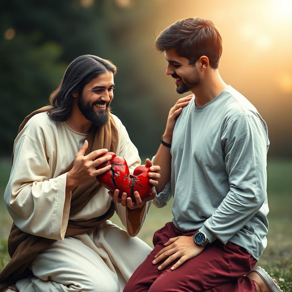 Jesus Christ kneeling beside a man, both holding a broken heart together in their hands