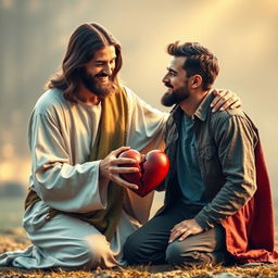 Jesus Christ kneeling beside a man, both holding a broken heart together in their hands