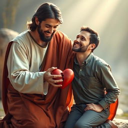 Jesus Christ kneeling beside a man, both holding a broken heart together in their hands